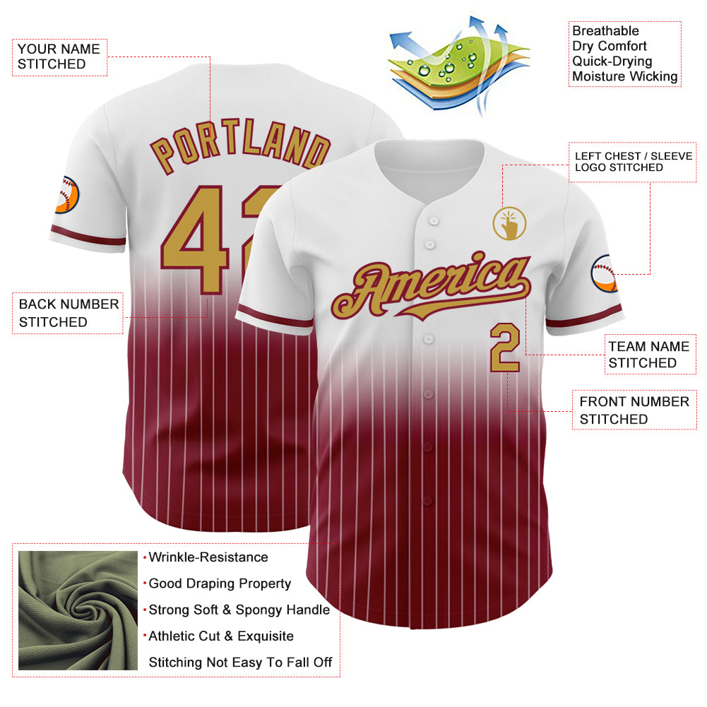 Custom White Pinstripe Old Gold-Crimson Authentic Fade Fashion Baseball Jersey