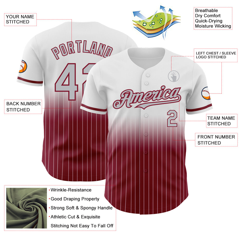 Custom White Pinstripe Gray-Crimson Authentic Fade Fashion Baseball Jersey