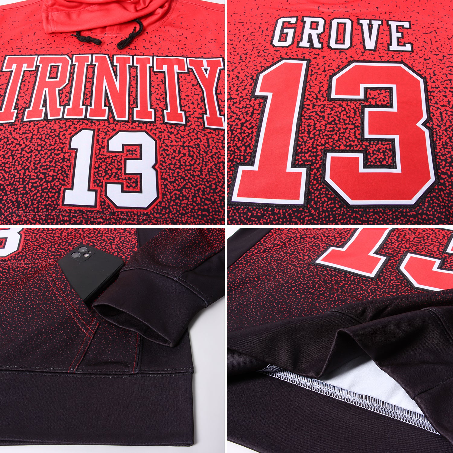 Custom Stitched Black Red-White Fade Fashion Sports Pullover Sweatshirt Hoodie