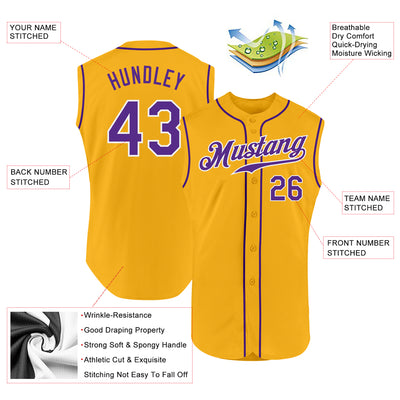Custom Gold Purple-White Authentic Sleeveless Baseball Jersey