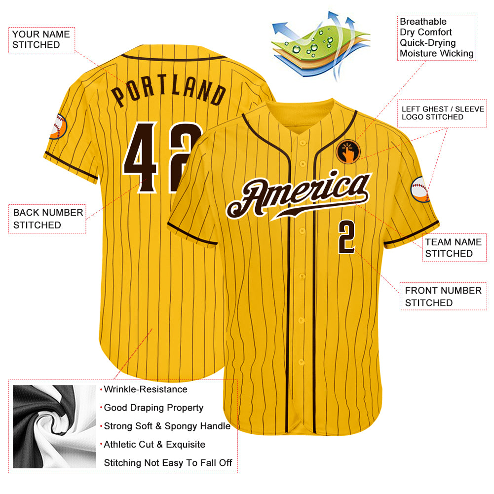 Custom Yellow Brown Pinstripe Brown-White Authentic Baseball Jersey