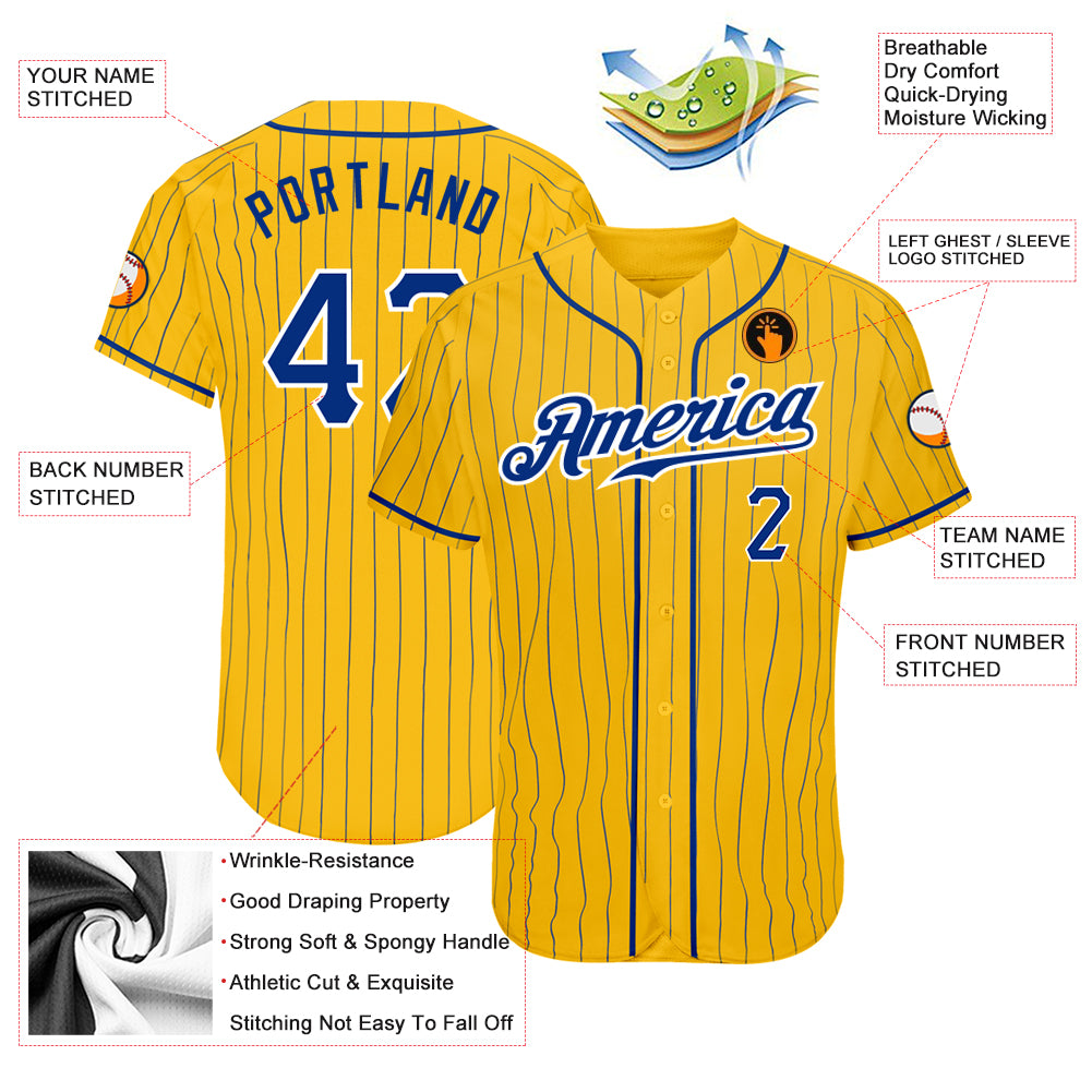 Custom Yellow Royal Pinstripe Royal-White Authentic Baseball Jersey