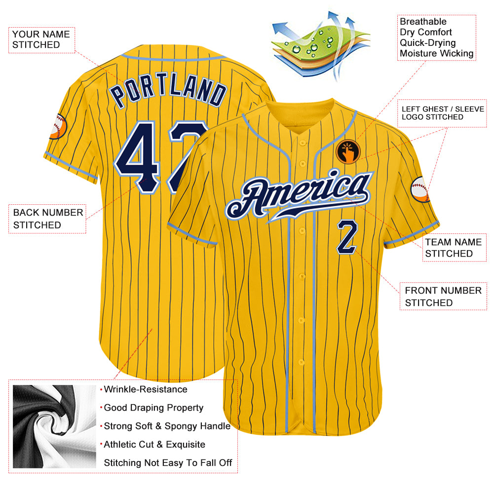 Custom Yellow Navy Pinstripe Navy-Light Blue Authentic Baseball Jersey
