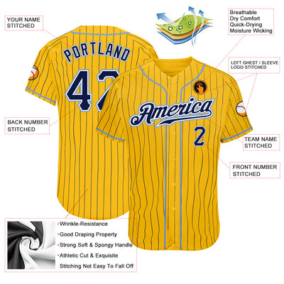 Custom Yellow Navy Pinstripe Navy-Light Blue Authentic Baseball Jersey