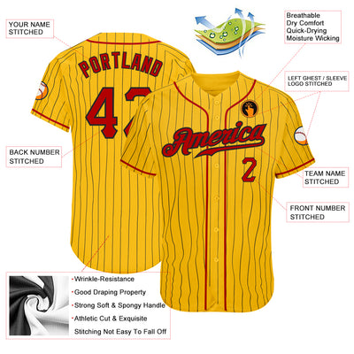 Custom Yellow Black Pinstripe Red-Black Authentic Baseball Jersey