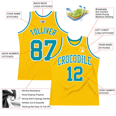 Custom Gold Teal-White Authentic Throwback Basketball Jersey