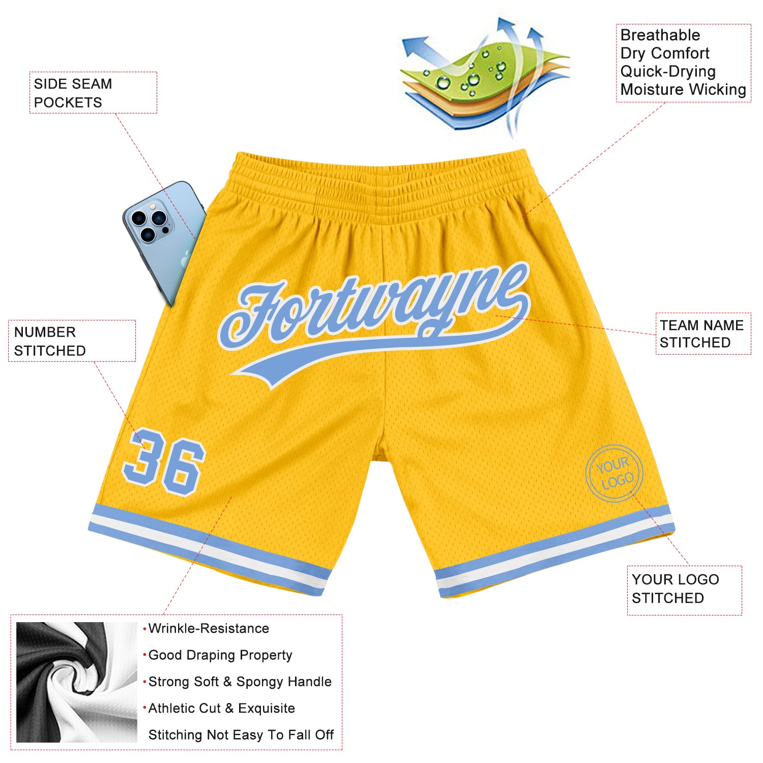 Custom Gold Light Blue-White Authentic Throwback Basketball Shorts