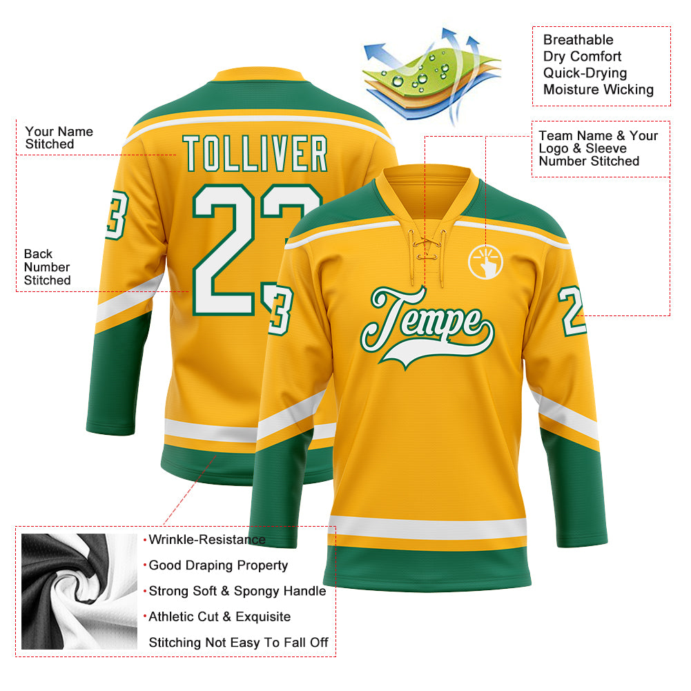 Custom Kelly Green Gold-White Hockey Jersey Discount