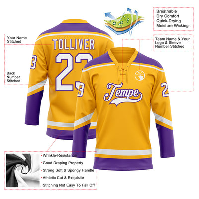 Custom Gold White-Purple Hockey Lace Neck Jersey