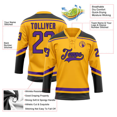 Custom Gold Purple-Black Hockey Lace Neck Jersey