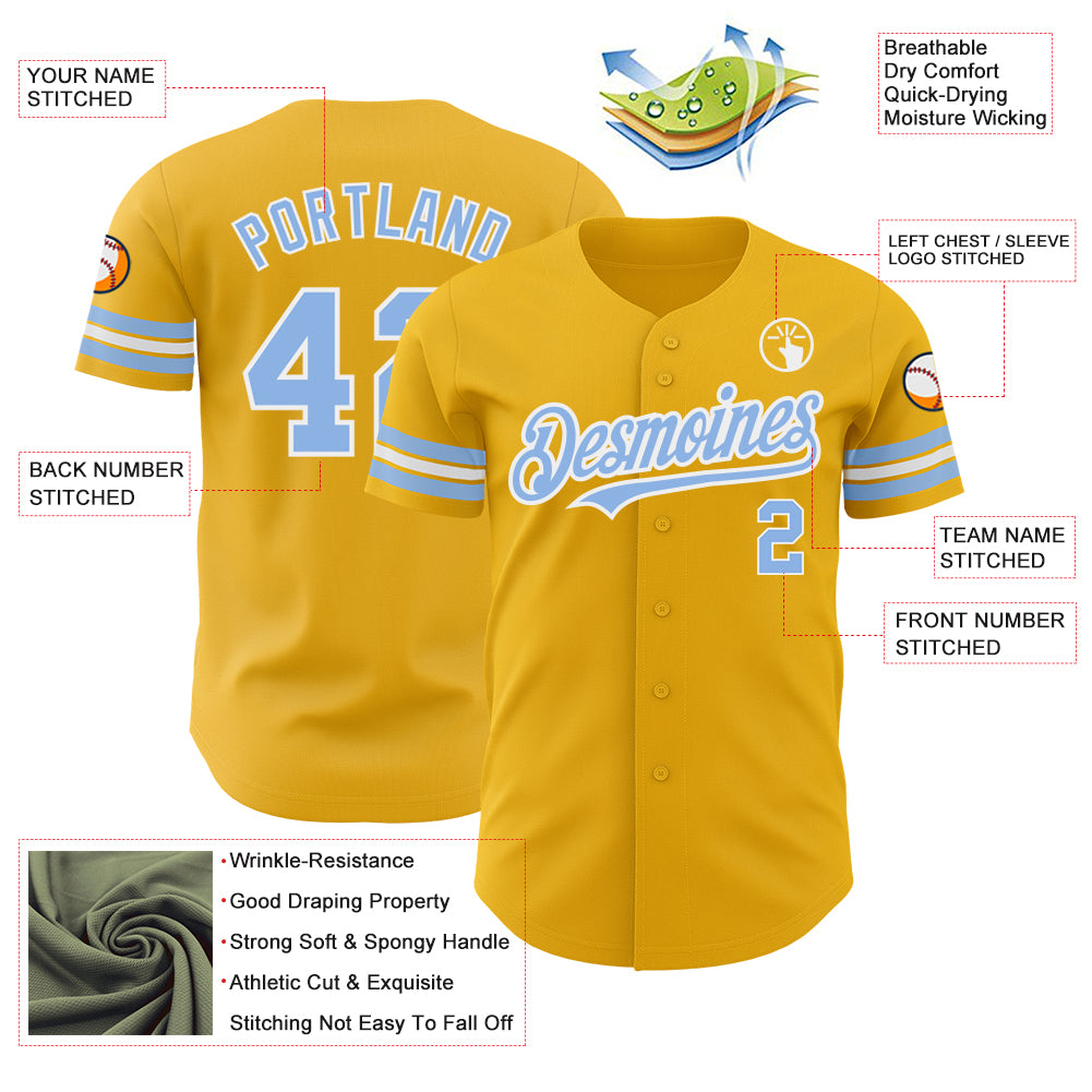 Custom Gold Light Blue-White Authentic Baseball Jersey