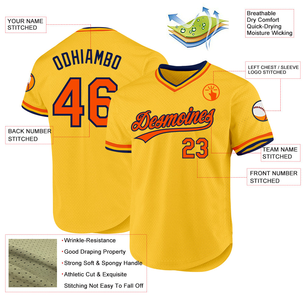 Custom Gold Orange-Navy Authentic Throwback Baseball Jersey
