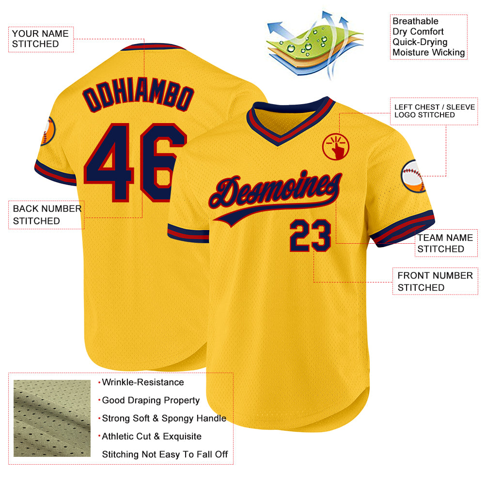 Custom Gold Navy-Red Authentic Throwback Baseball Jersey