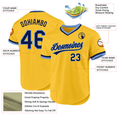 Custom Gold Navy-Light Blue Authentic Throwback Baseball Jersey