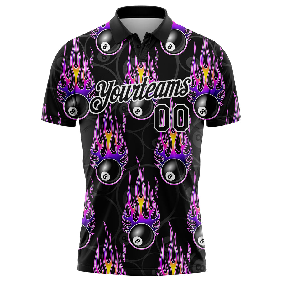Custom Black White-Purple 3D Pattern Design Bowling Ball With Hotrod Flame Performance Golf Polo Shirt