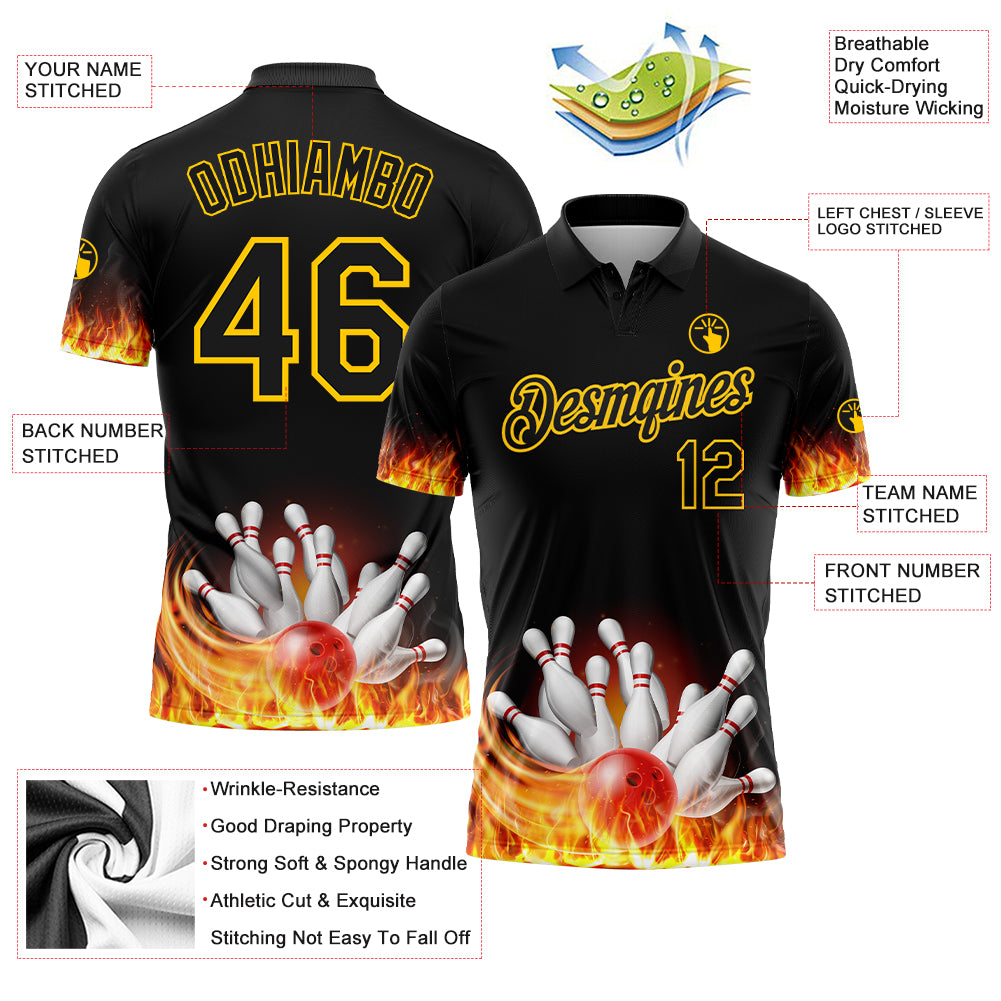 Custom Black Gold 3D Pattern Design Flame Bowling Performance Golf Polo Shirt