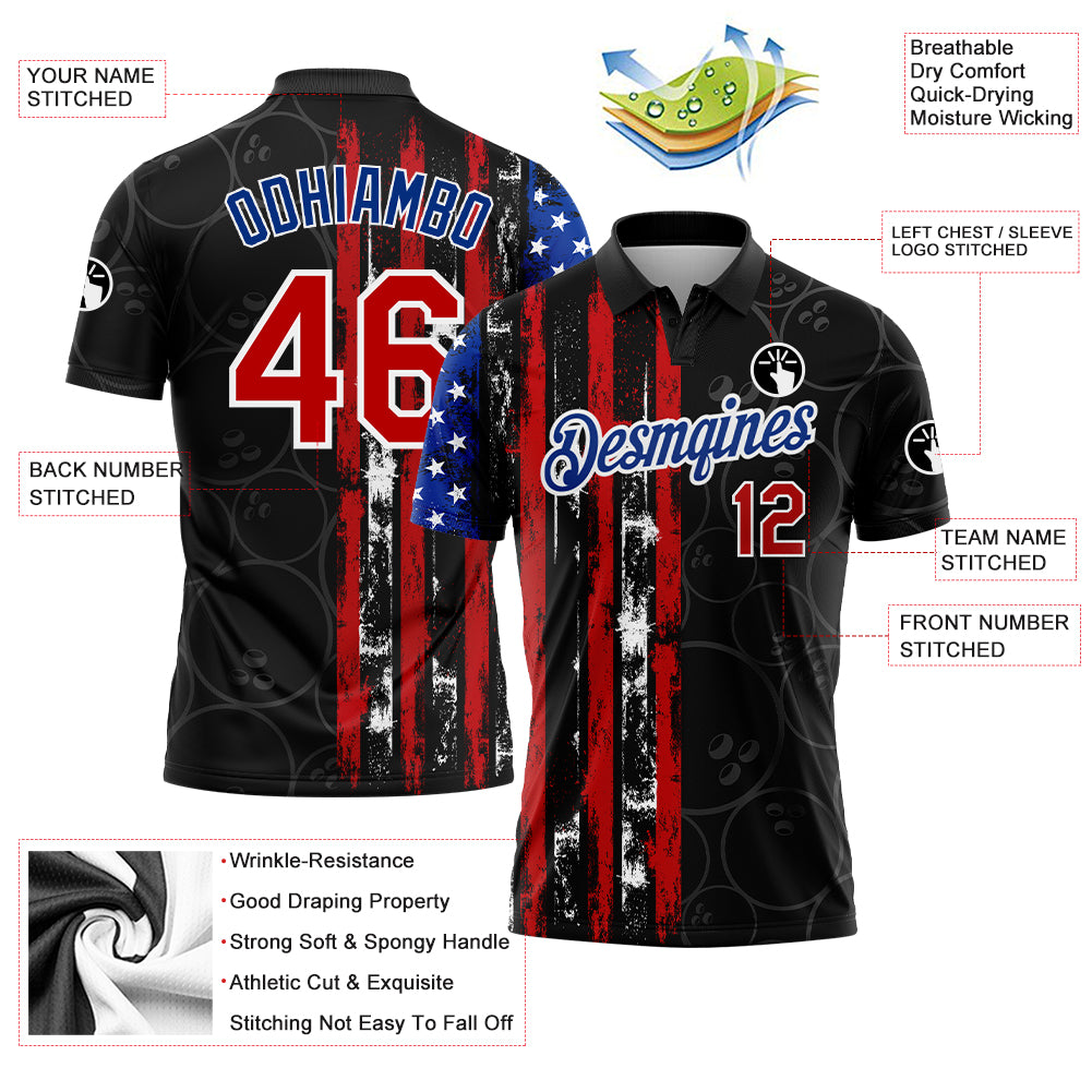 Custom Black Red-Royal 3D Pattern Design Bowling Ball American Flag Performance Golf Polo Shirt