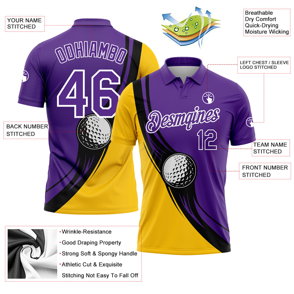 Custom Purple Yellow-Black 3D Pattern Design Golf Ball Performance Golf Polo Shirt