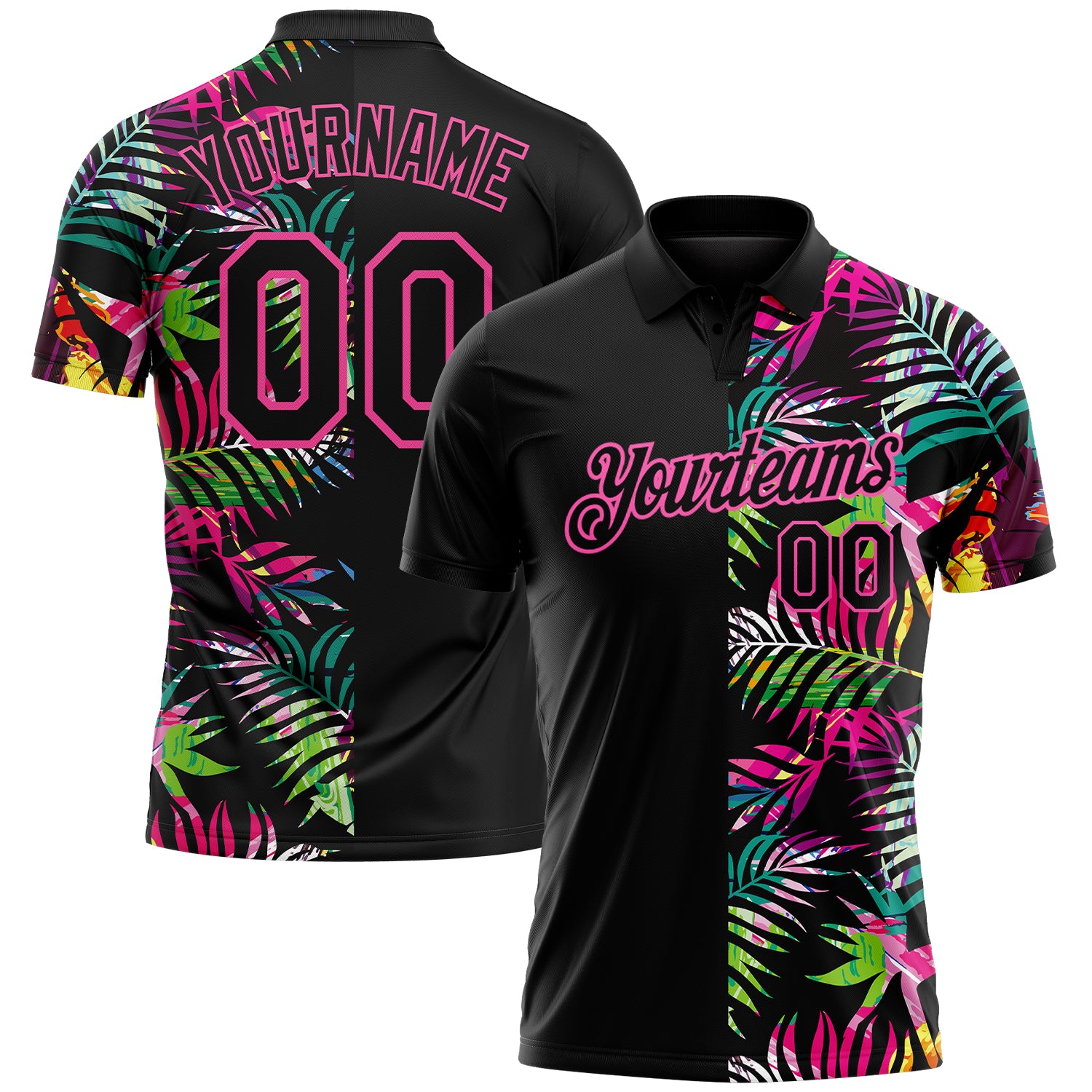 Custom Black Pink 3D Pattern Design Tropical Hawaii Palm Leaves Performance Golf Polo Shirt