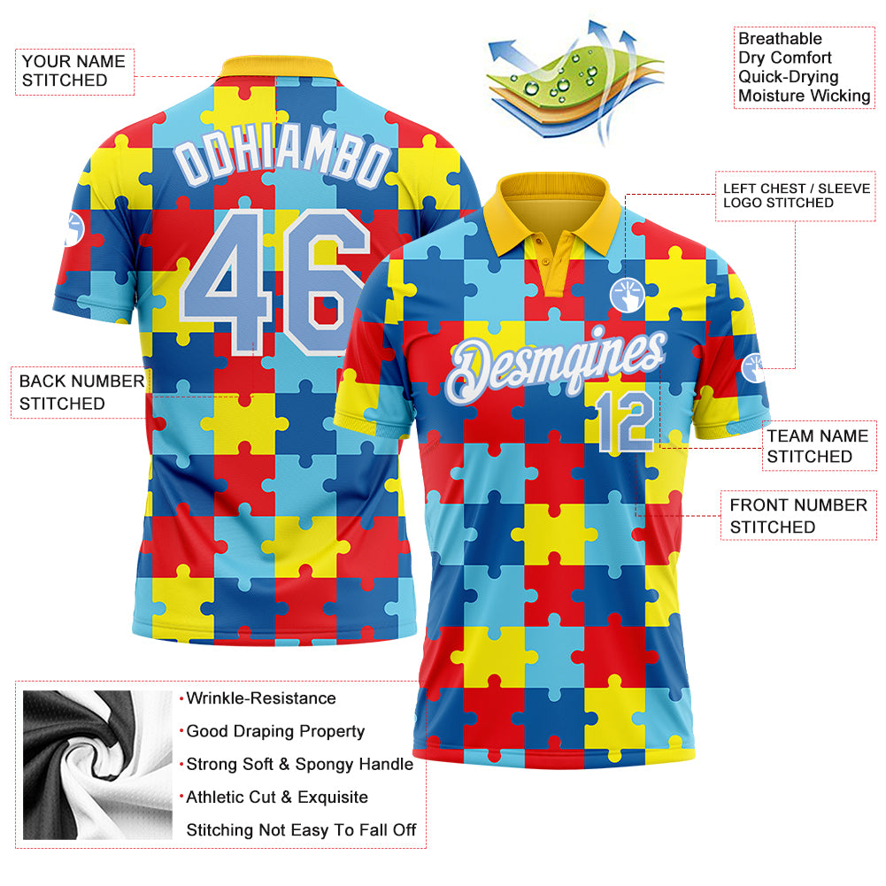 Custom Light Blue White 3D Pattern Design Autism Awareness Puzzle Pieces Performance Golf Polo Shirt