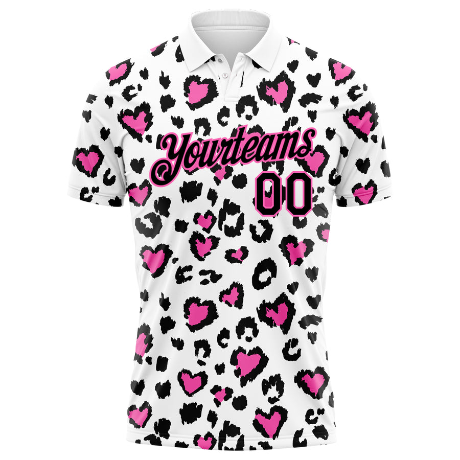 Custom White Black-Pink 3D Pattern Design Leopard Print Performance Golf Polo Shirt
