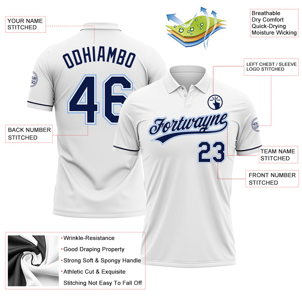 Custom White Navy-Light Blue Performance Vapor Golf Polo Shirt