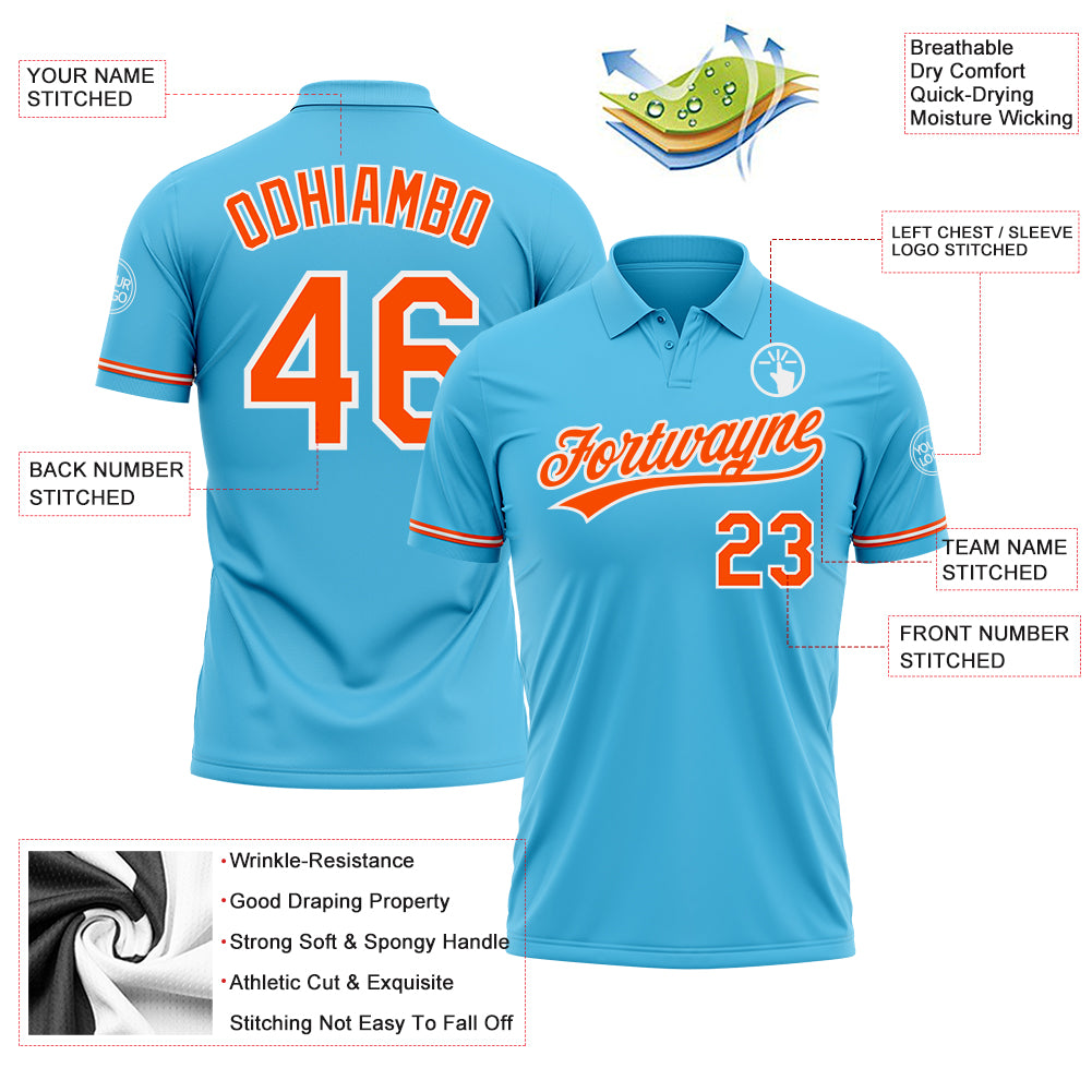 Custom Sky Blue Orange-White Performance Vapor Golf Polo Shirt