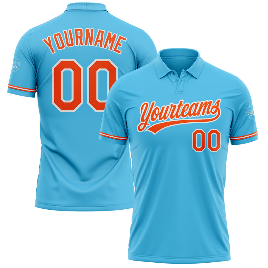 Custom Sky Blue Orange-White Performance Vapor Golf Polo Shirt