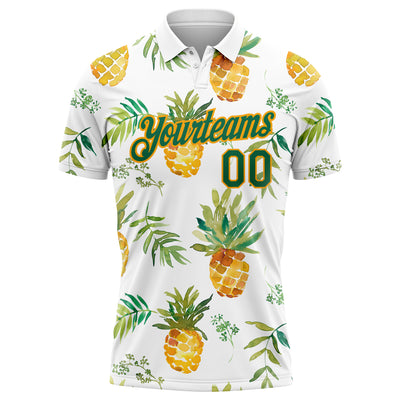 Custom White Kelly Green-Gold 3D Pattern Design Pineapples Performance Golf Polo Shirt