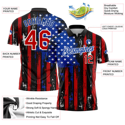 Custom Black Red-Royal 3D Distressed American Flag Performance Golf Polo Shirt