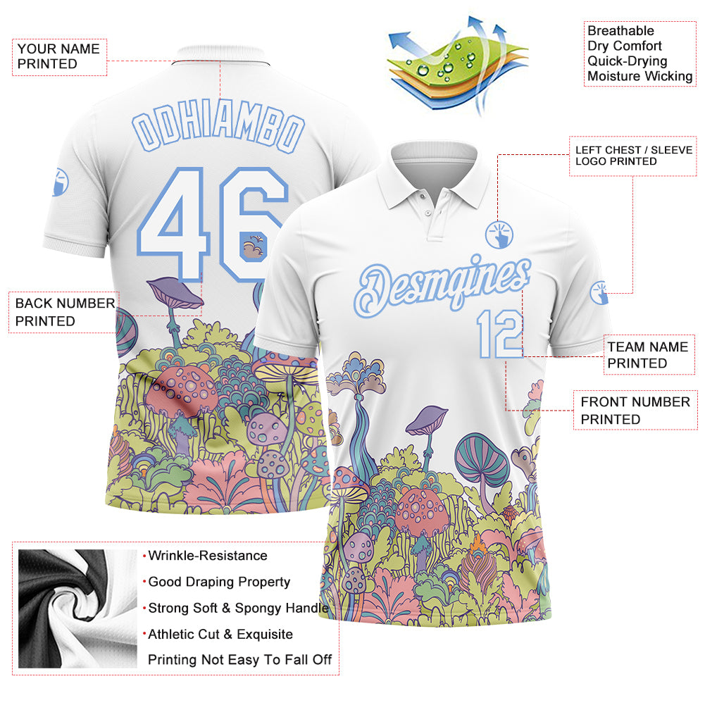 Custom White Light Blue 3D Pattern Design Colorful Flowers And Mushrooms Psychedelic Hallucination Performance Golf Polo Shirt