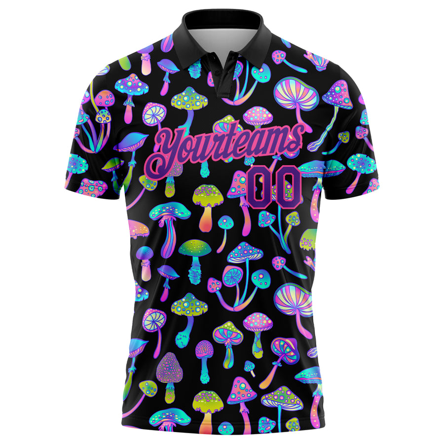 Custom Black Purple-Pink 3D Pattern Design Magic Mushrooms Psychedelic Hallucination Performance Golf Polo Shirt