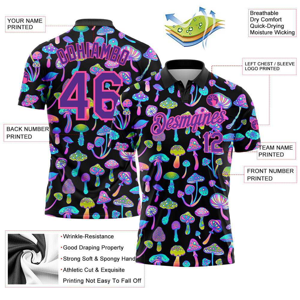 Custom Black Purple-Pink 3D Pattern Design Magic Mushrooms Psychedelic Hallucination Performance Golf Polo Shirt