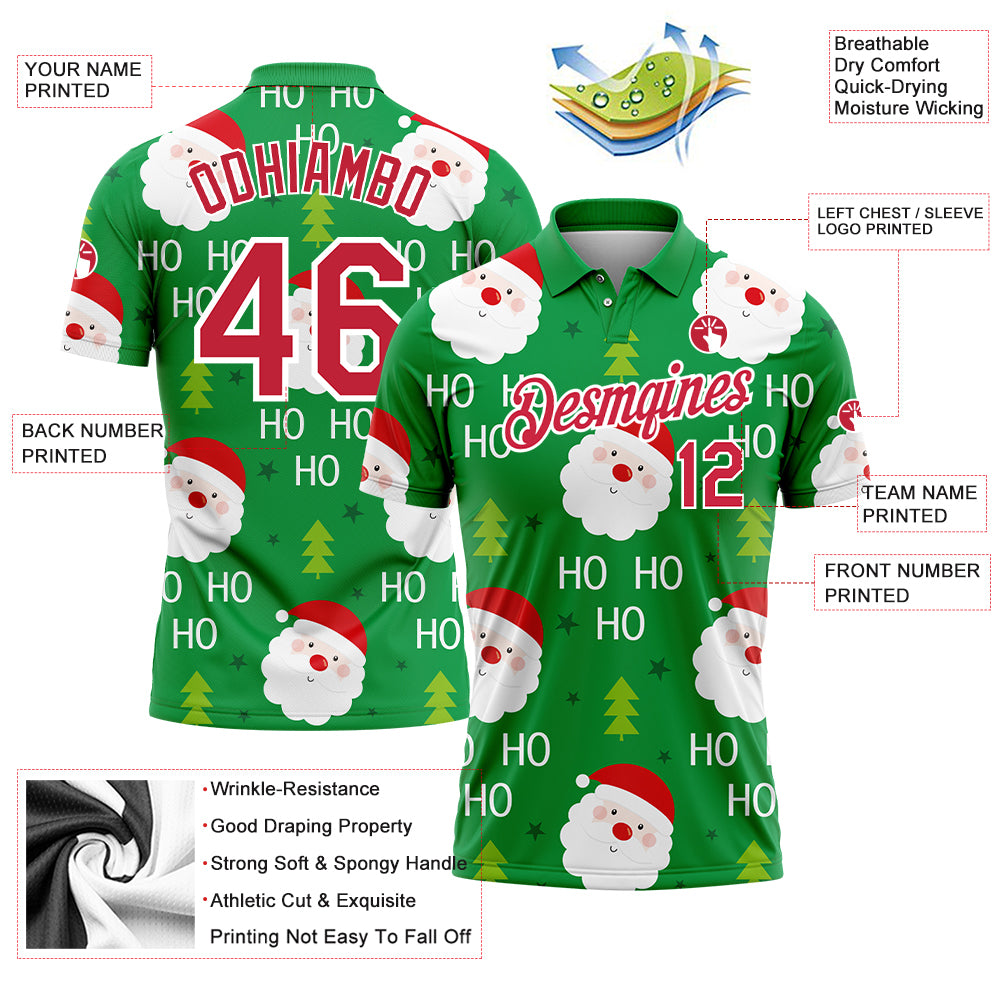 Custom Kelly Green Red-White 3D Christmas Santa Claus Performance Golf Polo Shirt