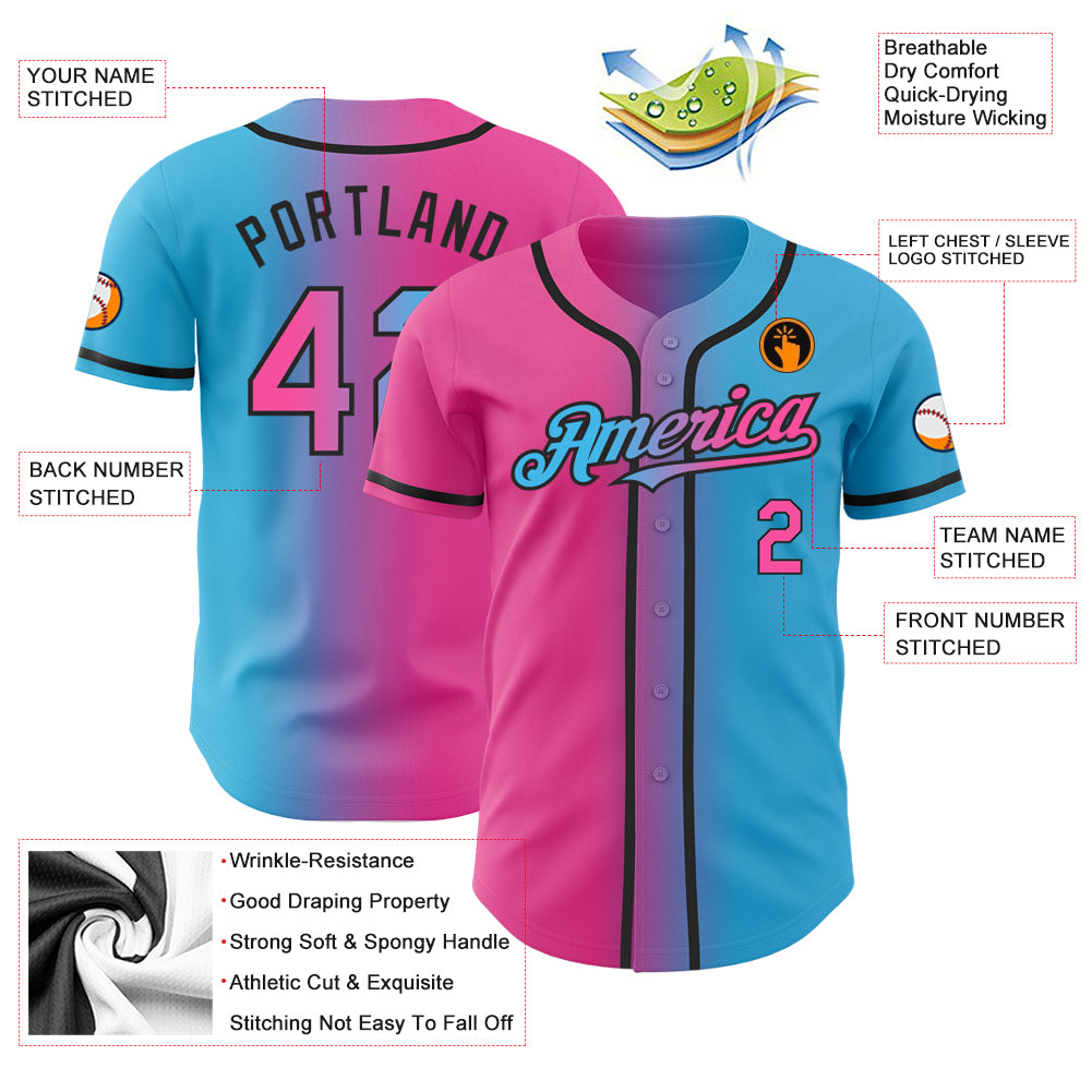 Custom Sky Blue Pink-Black Authentic Gradient Fashion Baseball Jersey