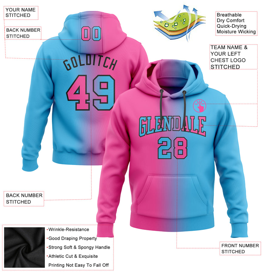 Custom Stitched Sky Blue Pink-Black Gradient Fashion Sports Pullover Sweatshirt Hoodie