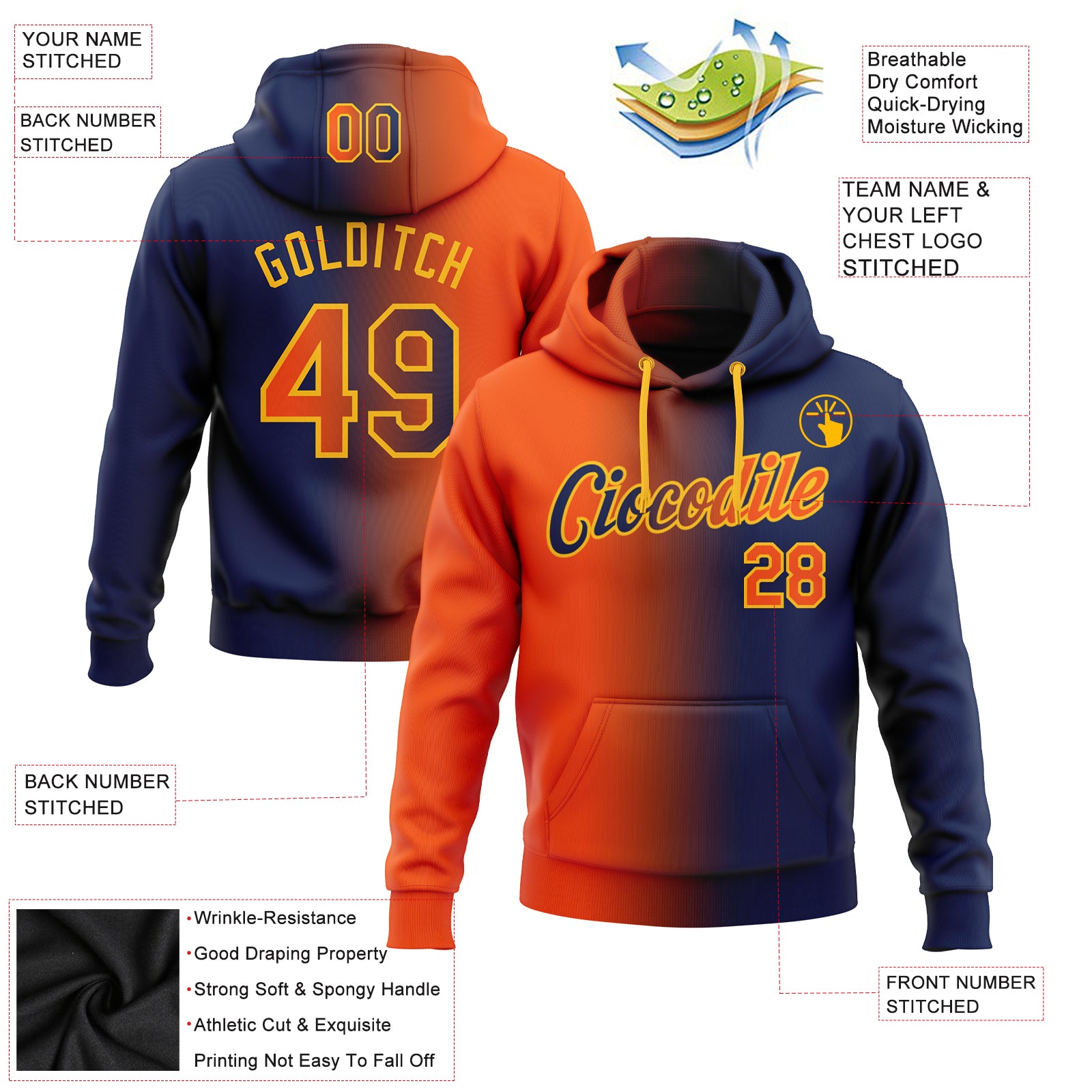 Custom Stitched Navy Orange-Gold Gradient Fashion Sports Pullover Sweatshirt Hoodie