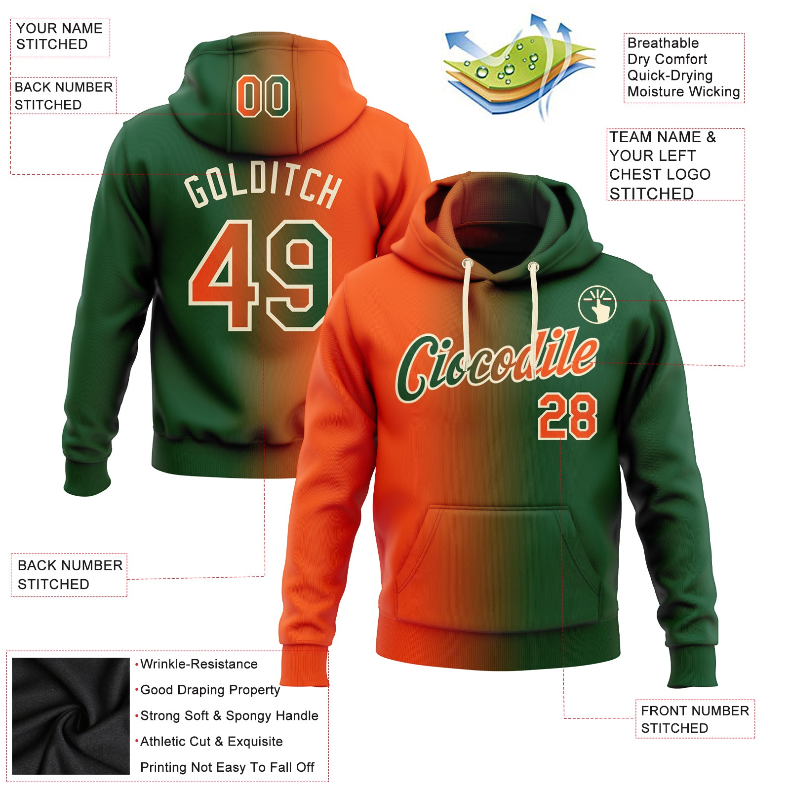 Custom Stitched Green Orange-Cream Gradient Fashion Sports Pullover Sweatshirt Hoodie
