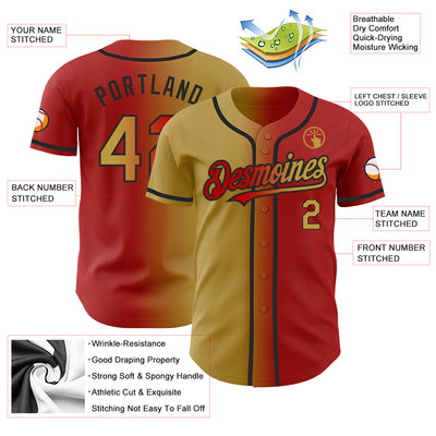 Custom Red Old Gold-Black Authentic Gradient Fashion Baseball Jersey