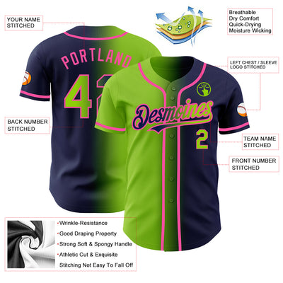 Custom Navy Neon Green-Pink Authentic Gradient Fashion Baseball Jersey