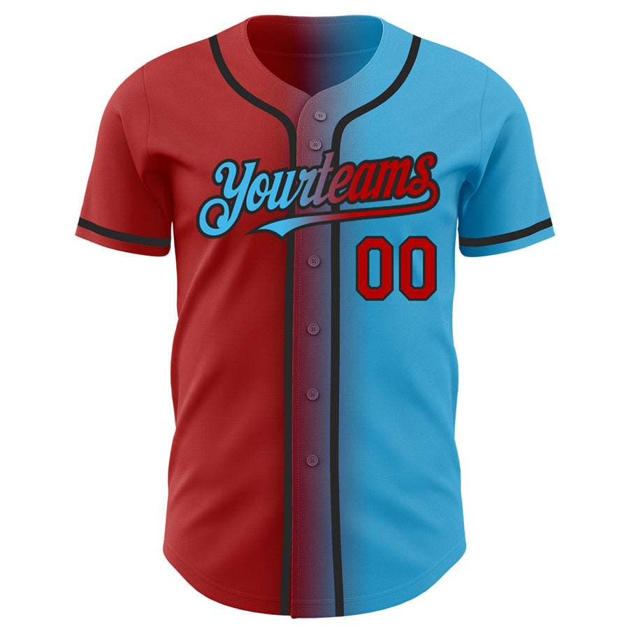 Custom Sky Blue Red-Black Authentic Gradient Fashion Baseball Jersey