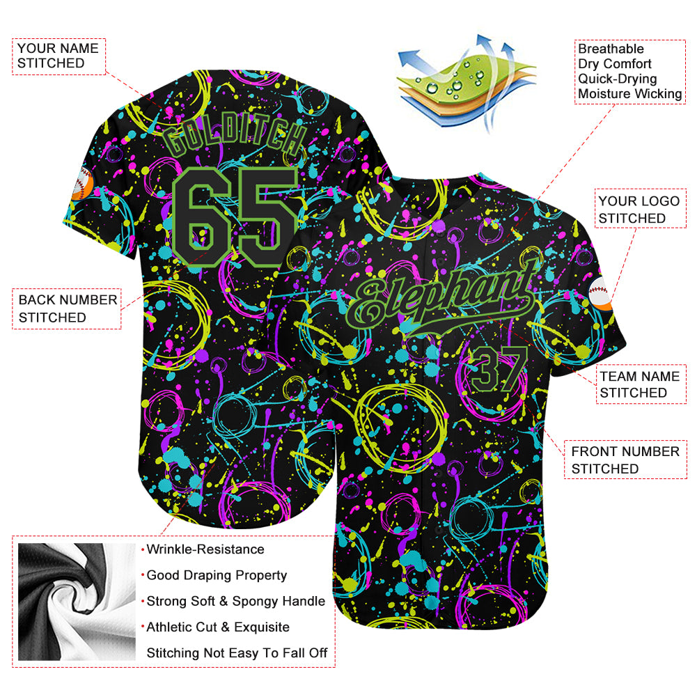 Custom Graffiti Pattern Black-Neon Green 3D Neon Splatter Authentic Baseball Jersey