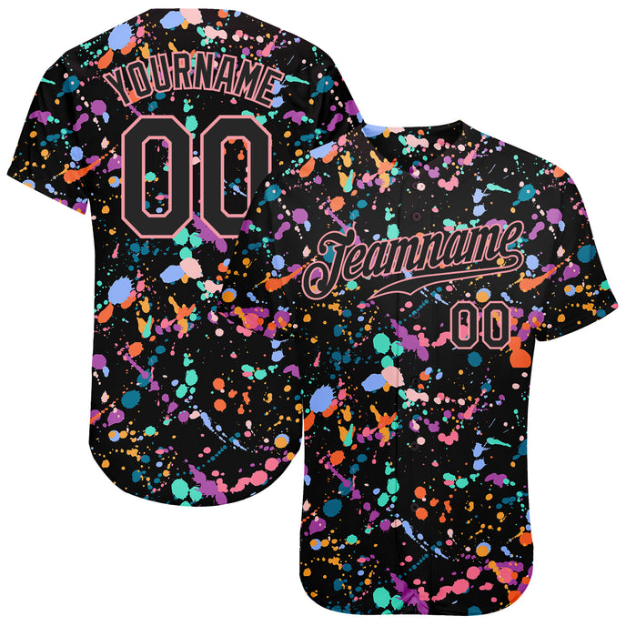 Custom Graffiti Pattern Black-Medium Pink 3D Expressive Splatter Authentic Baseball Jersey