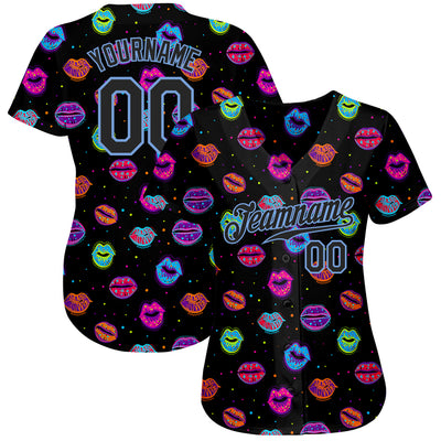 Custom Graffiti Pattern Black-Light Blue 3D Dots And Kiss Lips Authentic Baseball Jersey