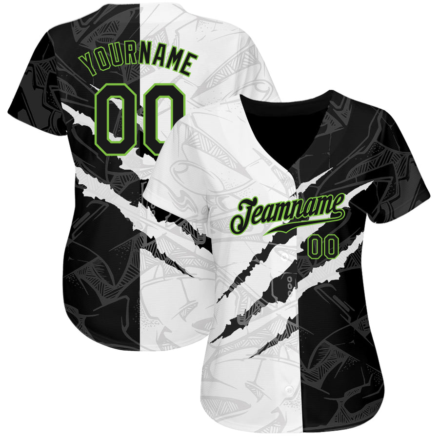 Custom Graffiti Pattern Black-Neon Green 3D Scratch Authentic Baseball Jersey
