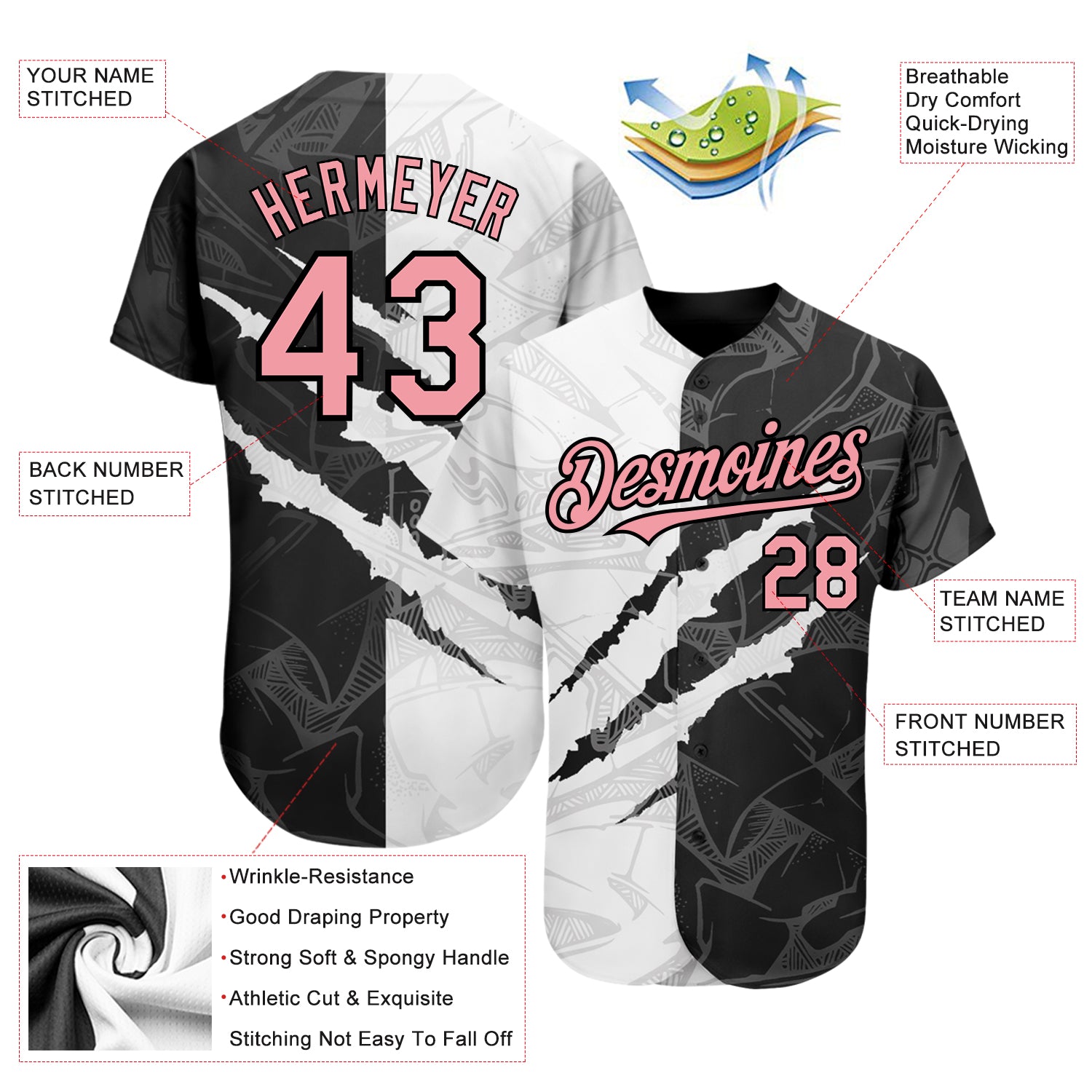 Custom Graffiti Pattern Medium Pink-Black 3D Scratch Authentic Baseball Jersey