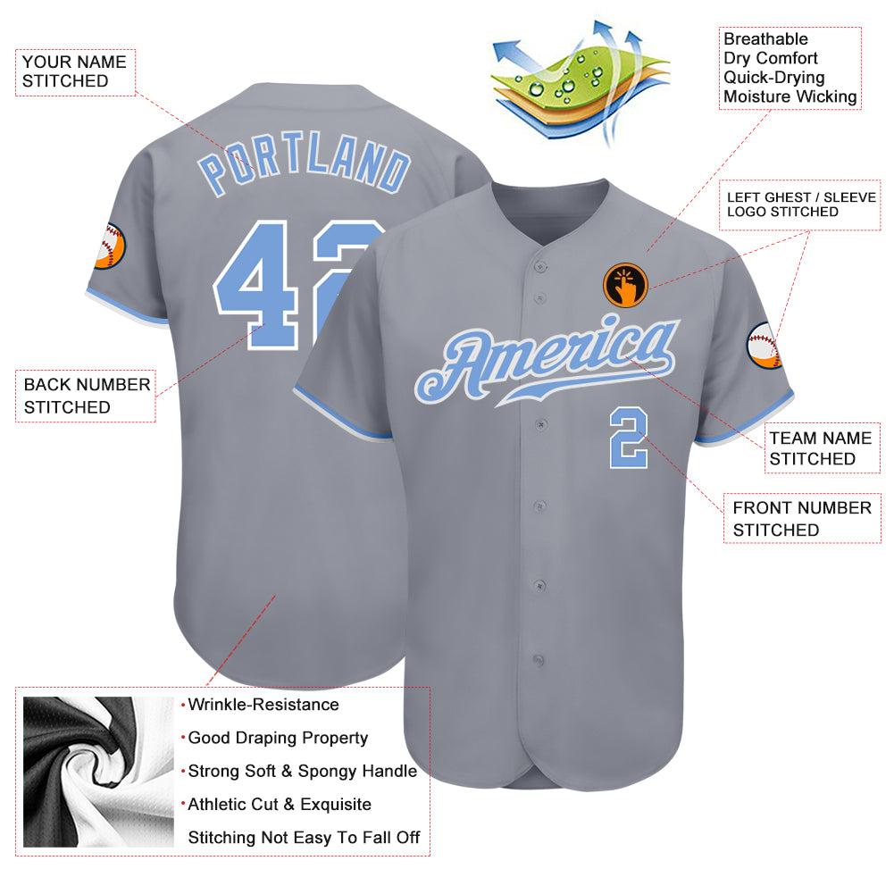 Custom Gray Light Blue-White Authentic Baseball Jersey
