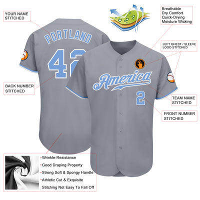 Custom Gray Light Blue-White Authentic Baseball Jersey
