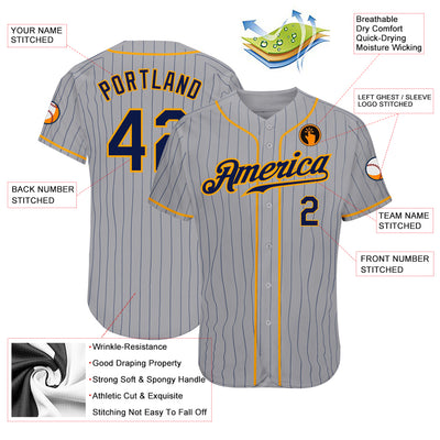 Custom Gray Navy Pinstripe Navy-Gold Authentic Baseball Jersey