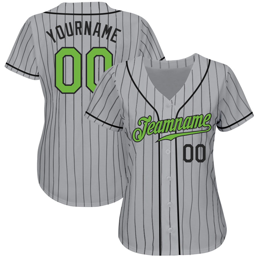 Custom Gray Black Pinstripe Neon Green-Black Authentic Baseball Jersey